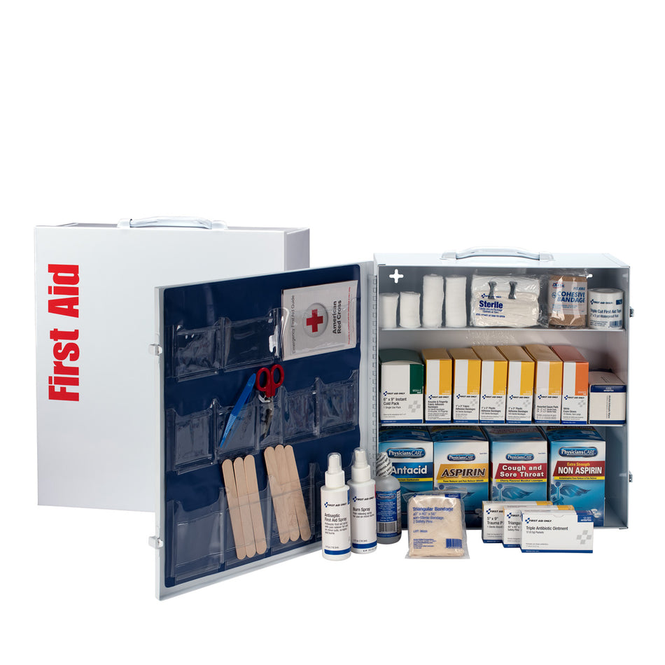 247-O/P First Aid Only 3 Shelf industrial station, 1092 piece, metal cabinet w/ 12 pocket vinyl liner - Sold per Each