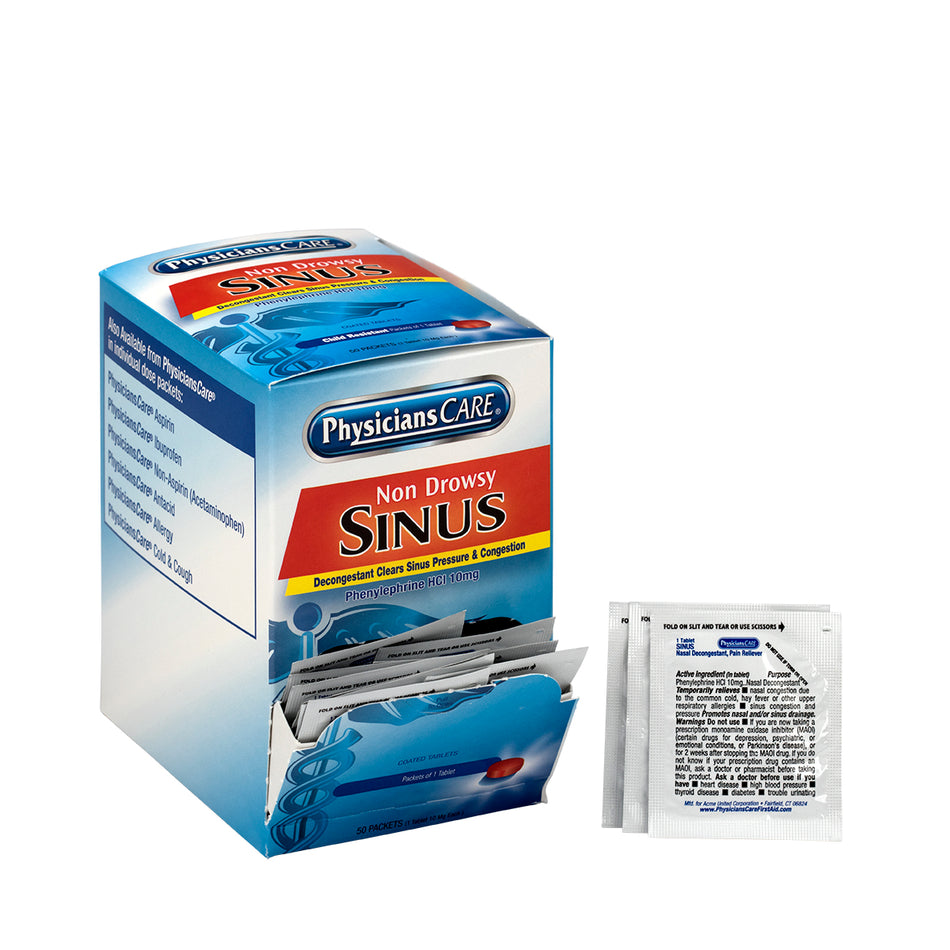 90087-005 First Aid Only PhysiciansCare Non-Drowsy Sinus Decongestant Medication, 50 Count - Sold per Box