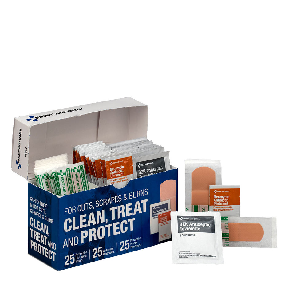 90967-001 First Aid Only Clean, Treat And Protect For Cuts, Scrapes & Burns With 25 BZK Antiseptic Wipes, 25 Antibiotic Ointment Packets, And 25 Protective Plastic Bandages, 1” X 3” And ¾” X 3” - Sold per Each
