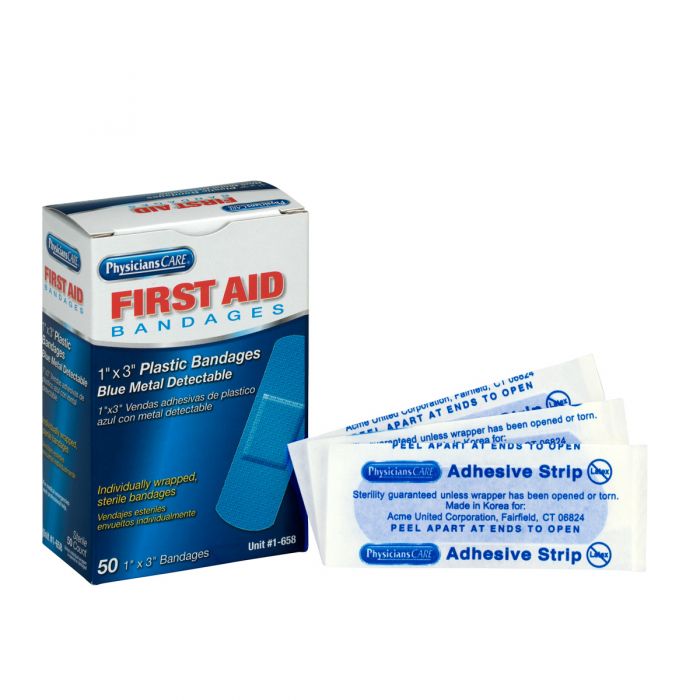 1-658 First Aid Only 1"x3" Blue Metal Detectable Plastic Bandages, 50 Per Box - Sold per Box