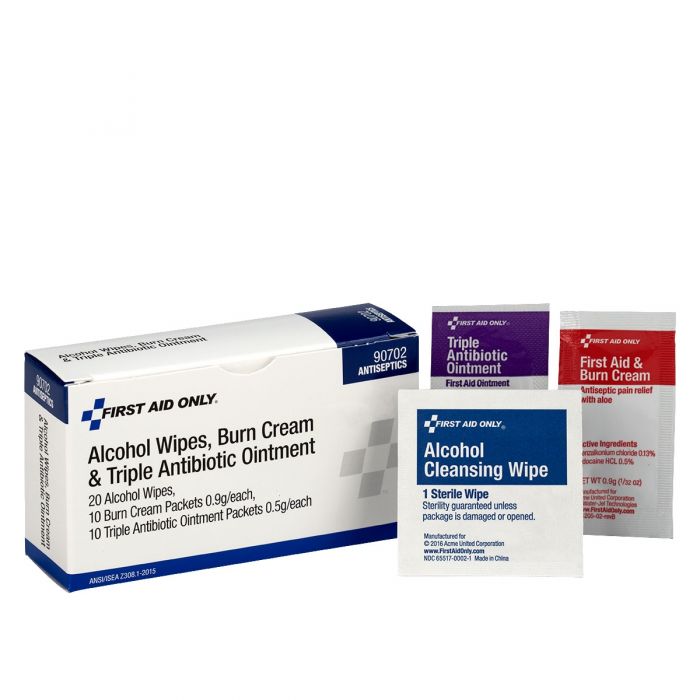 90702 First Aid Only Alcohol Wipes, Burn Cream & Triple Antibiotic Ointment - Sold per Box