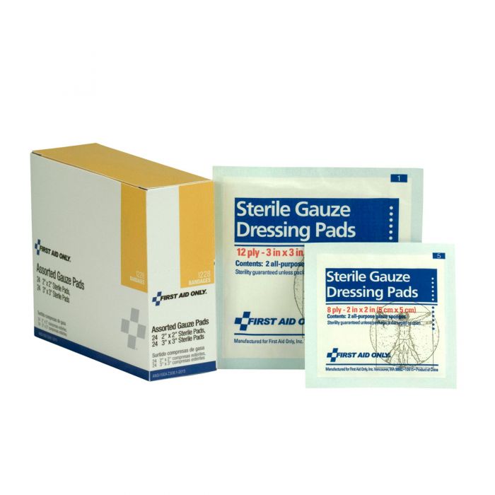 I228 First Aid Only Assorted Gauze Pads (24 Each 2"X2", 24 Each 3"X3") - Sold per Box