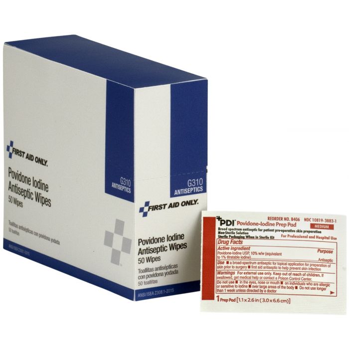 G310-003 First Aid Only Povidone Iodine Wipes, 50 Per Box - Sold per Box