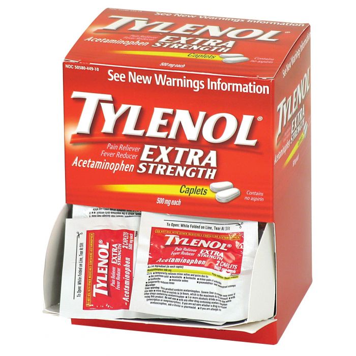40900 First Aid Only Tylenol Extra Strength Acetaminophen 50 Individually Wrapped Packets Of Medication Containing Two Tablets, 500mg. - Sold per Box