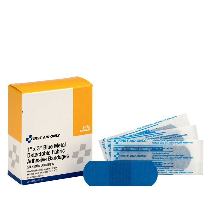 1-650 First Aid Only 1"x3"  Blue Metal Detectable Fabric Bandages, 50 Per Box - Sold per Box