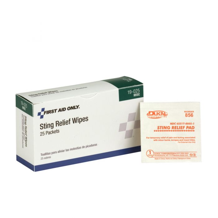 19-025 First Aid Only Sting Relief Wipes, 25 Per Box - Sold per Box