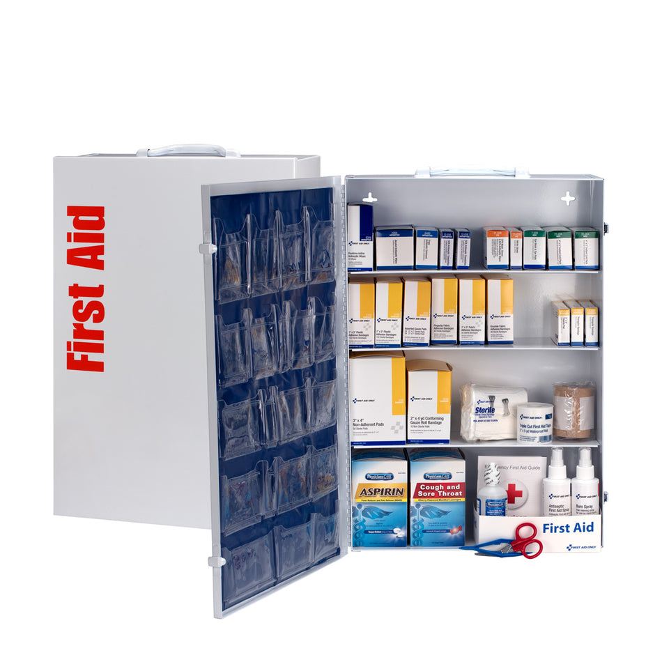 248-O/P First Aid Only 4 Shelf industrial station, 1060 piece, metal cabinet w/ 20 pocket vinyl liner - Sold per Each