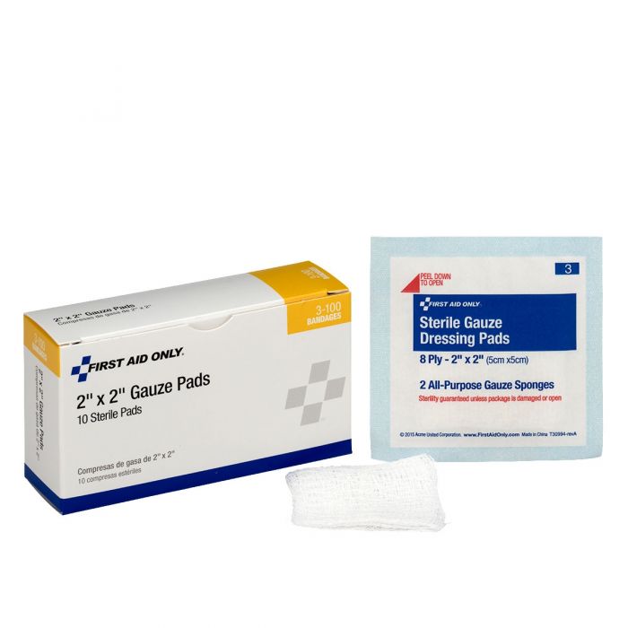 3-100 First Aid Only 2"X2" Sterile Gauze Pads, 10 Per Box - Sold per Box