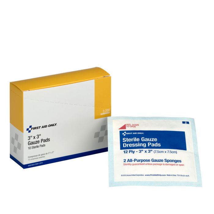 3-200 First Aid Only 3"x3" Sterile Gauze Pads, 10 Per Box - Sold per Box