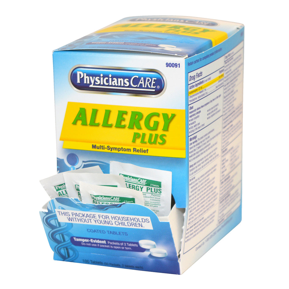 90091-005 First Aid Only PhysiciansCare Allergy Plus Antihistamine Medication, 50 Doses - Sold per Box