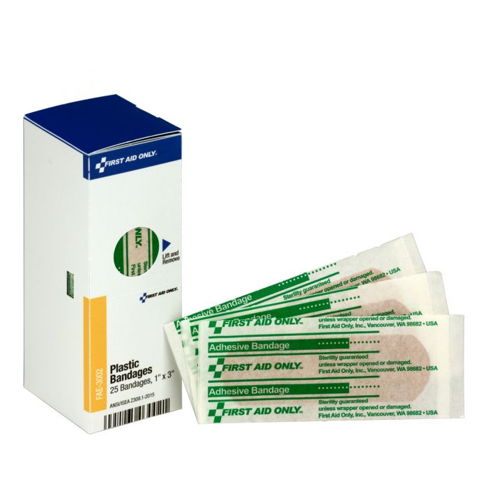 FAE-3002 First Aid Only SmartCompliance Refill 1" x 3" Adhesive Plastic Bandages, 25 Per Box - Sold per Box