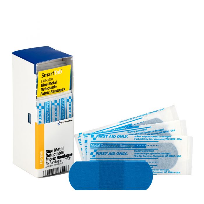 FAE-3010 First Aid Only SmartCompliance Refill 1"x3" Blue Metal Detectable Bandages, 25 Per Box - Sold per Box