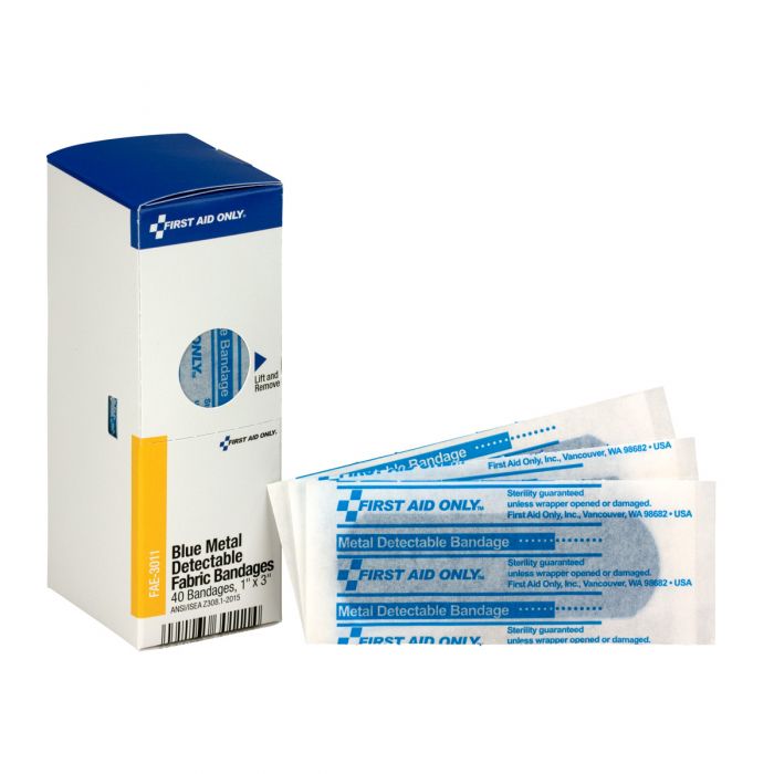 FAE-3011 First Aid Only SmartCompliance Refill 1"x3" Blue Metal Detectable Bandages, 40 Per Box - Sold per Box