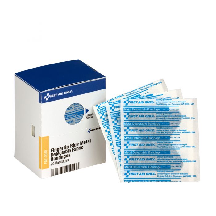 FAE-3040 First Aid Only SmartCompliance Refill Fingertip Blue Metal Detectable Bandages, 20 Per Box - Sold per Box
