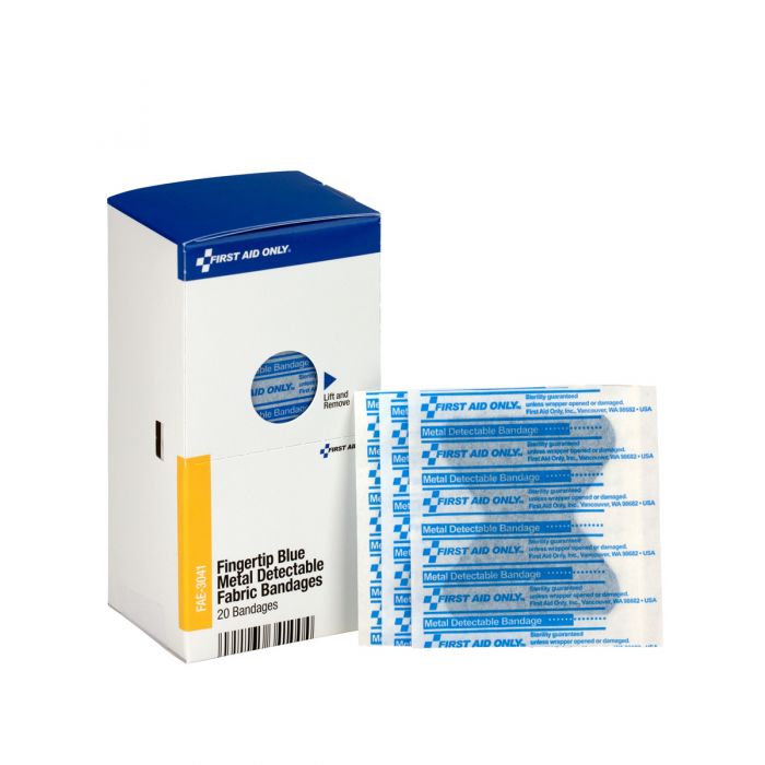 FAE-3041 First Aid Only SmartCompliance Refill Fingertip Blue Metal Detectable Bandages, 20 Per Box - Sold per Box