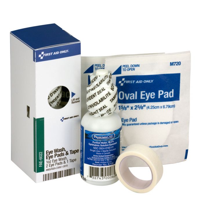 FAE-6022 First Aid Only SmartCompliance Refill Eye Wash, Eye Pads & Tape, 1 Bottle, 1 oz., 2 Eye Pads & 1 Tape per Box - Sold per 24 Each