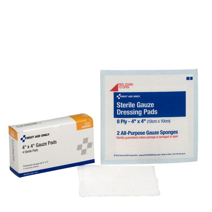 B207 First Aid Only 4"x 4" Sterile Gauze Pads, 4 Per Box - Sold per Box