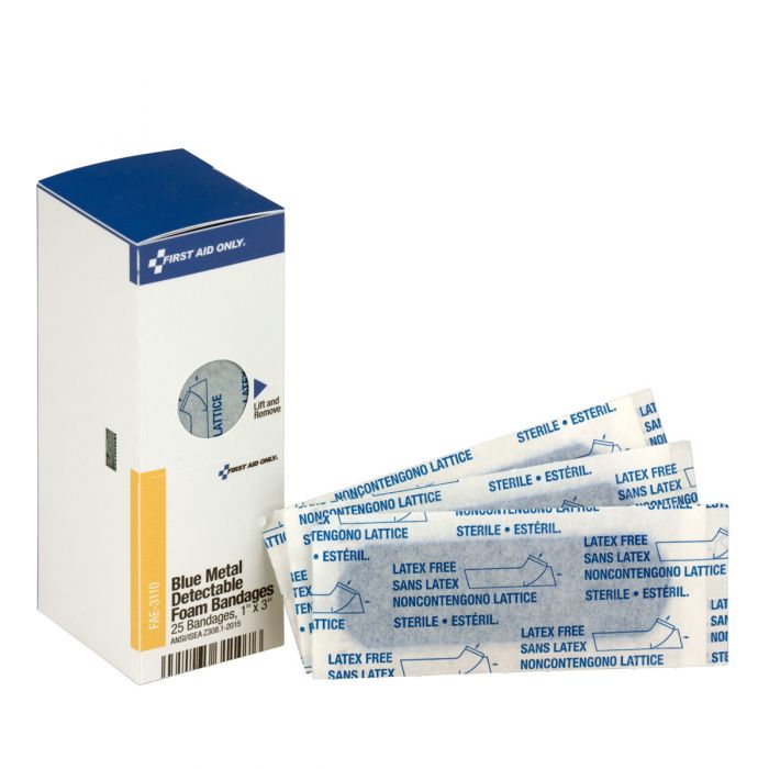 FAE-3110 First Aid Only SmartCompliance Refill 1"X3" Foam Blue Metal Detectable Bandages, 25 Per Box - Sold per Box