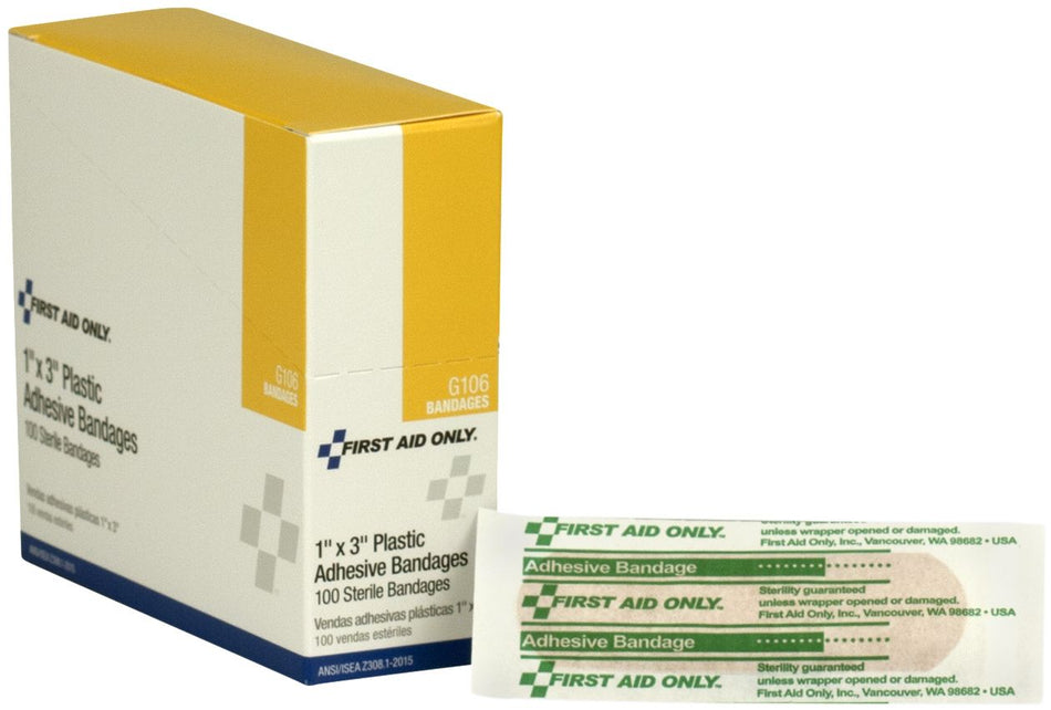 G106 First Aid Only 1"X3" Adhesive Plastic Bandages, 100 Per Box - Sold per Box