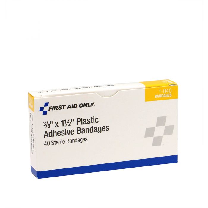 1-040 First Aid Only 3/8"X1.5" Plastic Bandages, 40 Per Box - Sold per Box