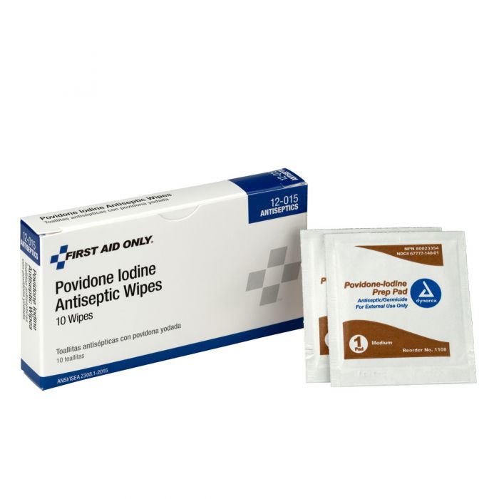 12-015-004 First Aid Only PVP Iodine Wipes, 10 per Box - Sold per Box