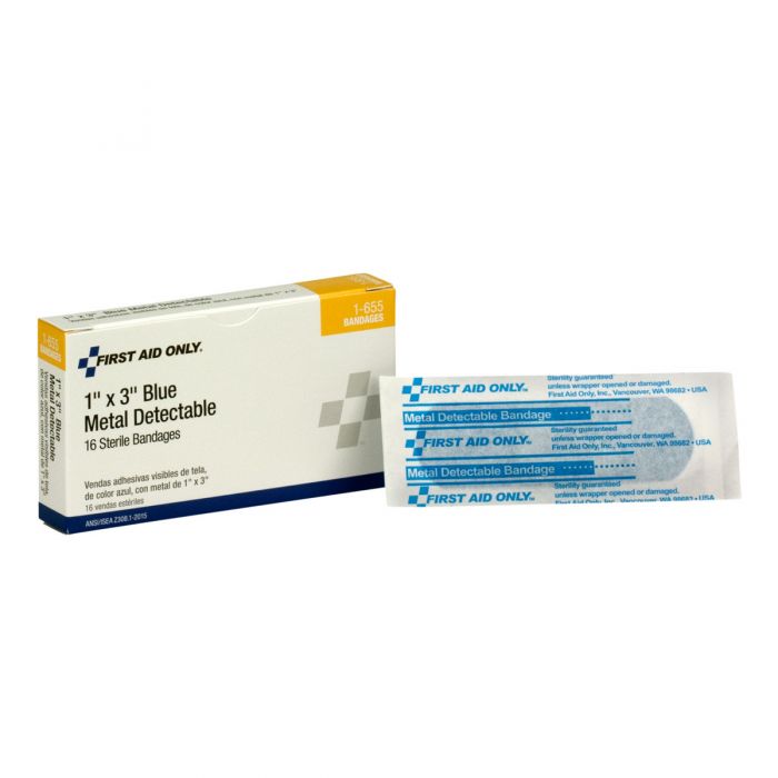 1-655 First Aid Only Blue Metal Detectable 1"X3" Fabric Bandages, 16 Per Box - Sold per Box