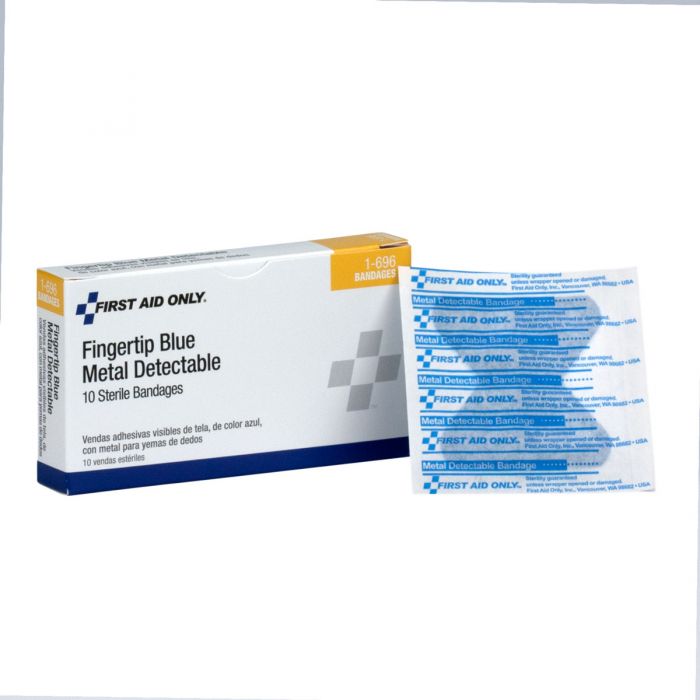 1-696 First Aid Only Blue Metal Detectable Fabric Fingertip Bandages, 10 Per Box - Sold per Box