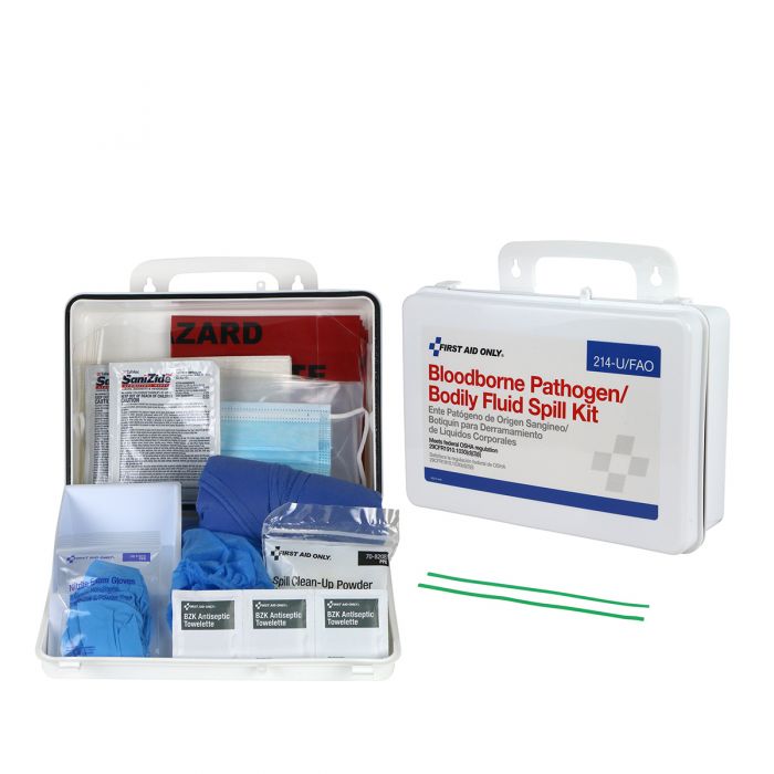 214-U/FAO First Aid Only Wall-Mount Bloodborne Pathogen (BBP) And Bodily Fluid Spill Kit In Plastic Carry Case, OSHA, 23 Pieces, White - Sold per Each