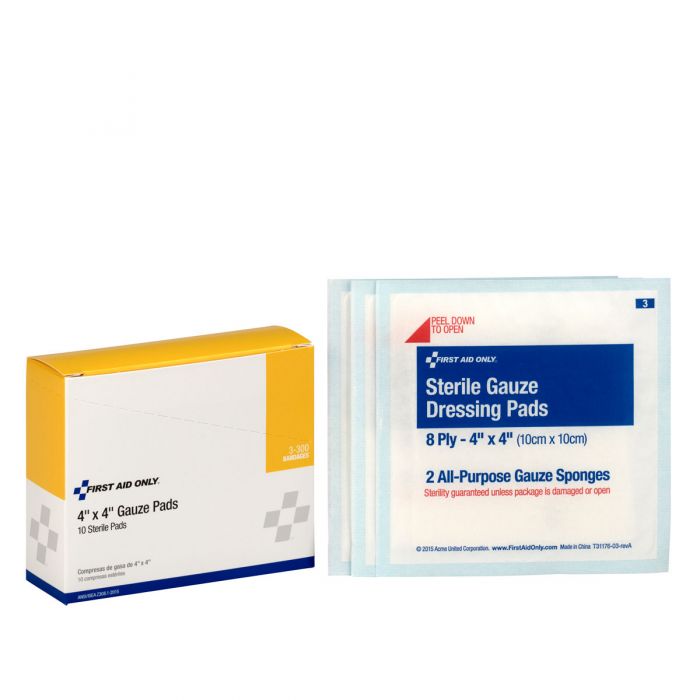 3-300 First Aid Only 4"X4" Sterile Gauze Pads, 10 Per Box - Sold per Box