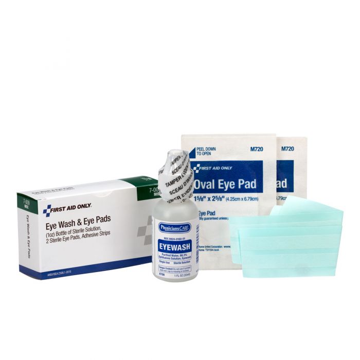 7-009-001 First Aid Only 1 Oz. Eyewash, Eye Pads & Adhesive Strips, 1 Set/Box, A 5 Piece Set - Sold per Each