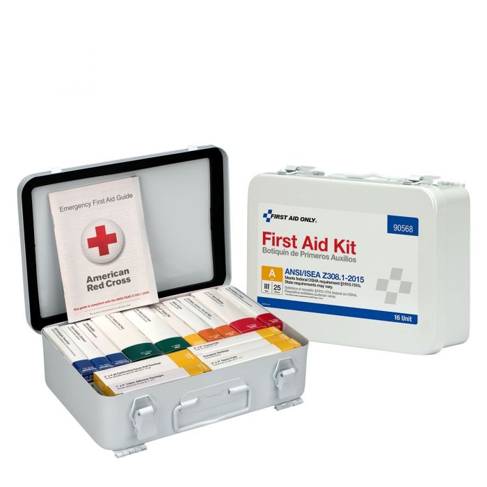 90568C First Aid Only 16 Unit First Aid Kit, ANSI 2015 Class A,  Metal Case, Custom Logo - Sold per Each