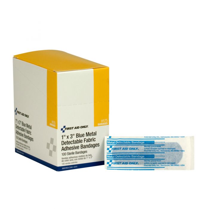 H175-001 First Aid Only 1"x3" Blue Metal Detectable  Fabric Bandages, 100 Per Box - Sold per Box