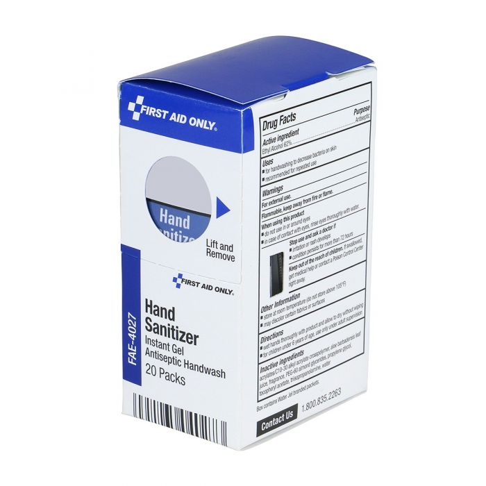 FAE-4027 First Aid Only SmartCompliance Refill Hand Sanitizer Packets, 0.9g, 20 Per Box - Sold per Box