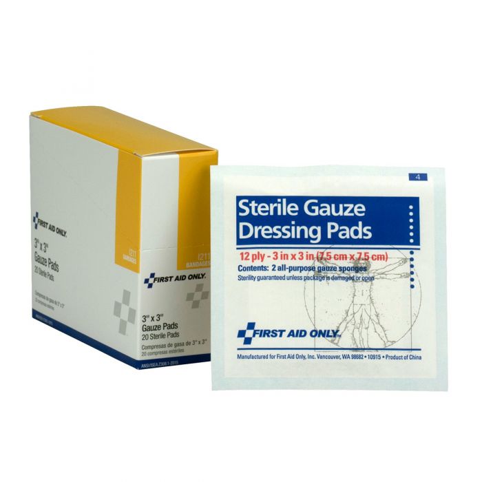 I211 First Aid Only 3"x3" Sterile Gauze Pads, 20 per Box - Sold per Box