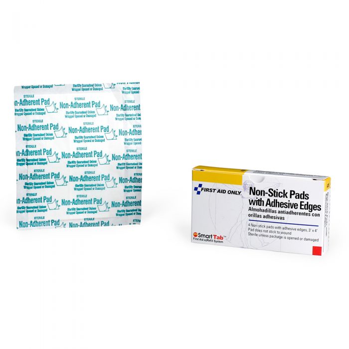 A235 First Aid Only 3"X4" Non-Adherent Pads With Adhesive Edges, 4 Per Box - Sold per Box