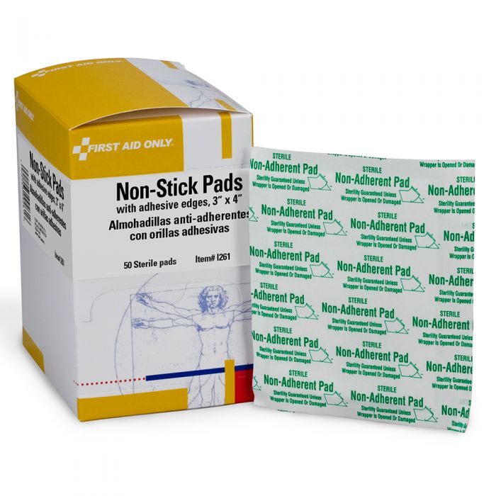 I261 First Aid Only 3"X4" Non-Adherent Pads With Adhesive Edges, 50 Per Box - Sold per Box