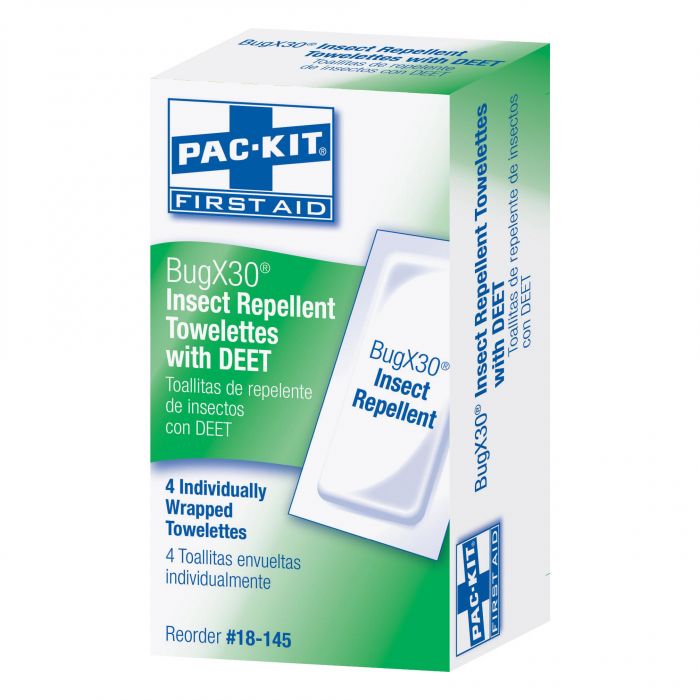 18-145 First Aid Only BugX30 Insect Repellent Wipes DEET, 4 Per Box - Sold per Each